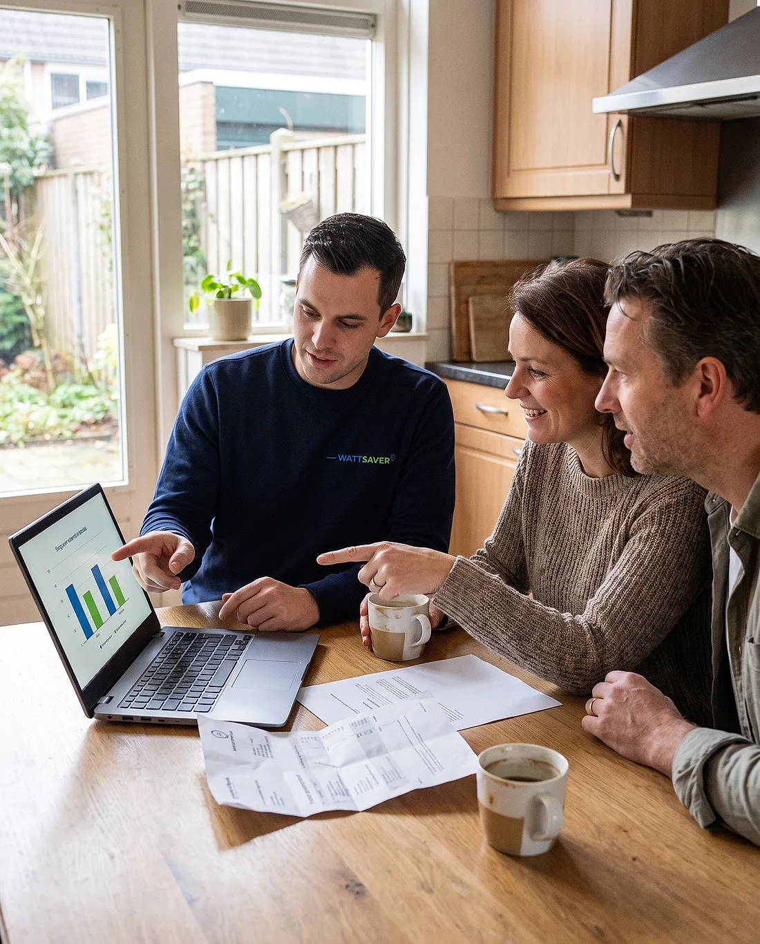 WattSaver-adviseur bekijkt met twee bewoners de energietarieven op een laptop aan de keukentafel