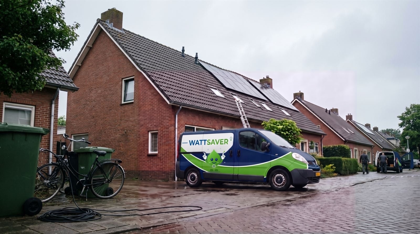 Nederlandse straat met rijtjeshuizen, zonnedak en de bus van Wattsaver