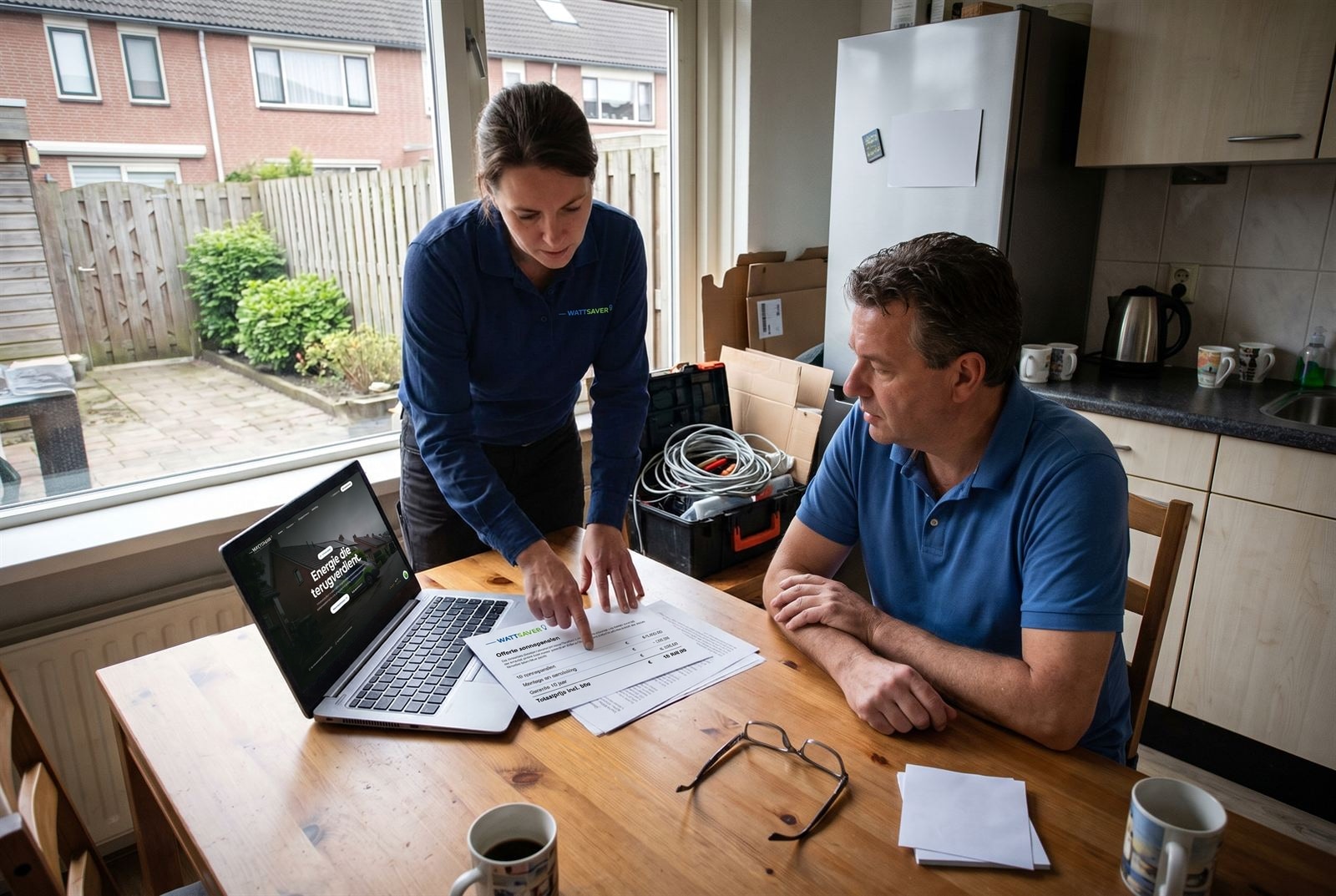 Adviseur en bewoner nemen de offerte door aan de keukentafel