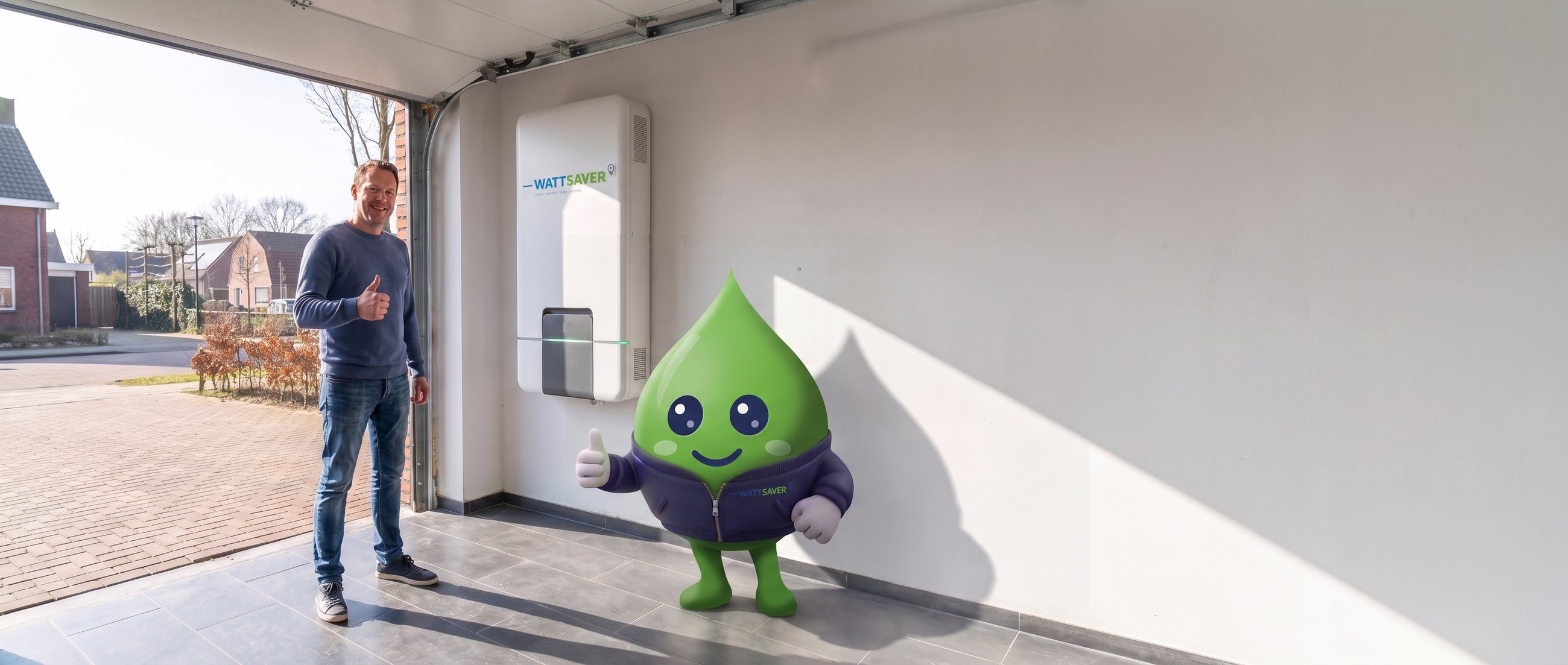 Een klant en Wattje steken hun duim op naast een WattSaver-thuisbatterij in de garage