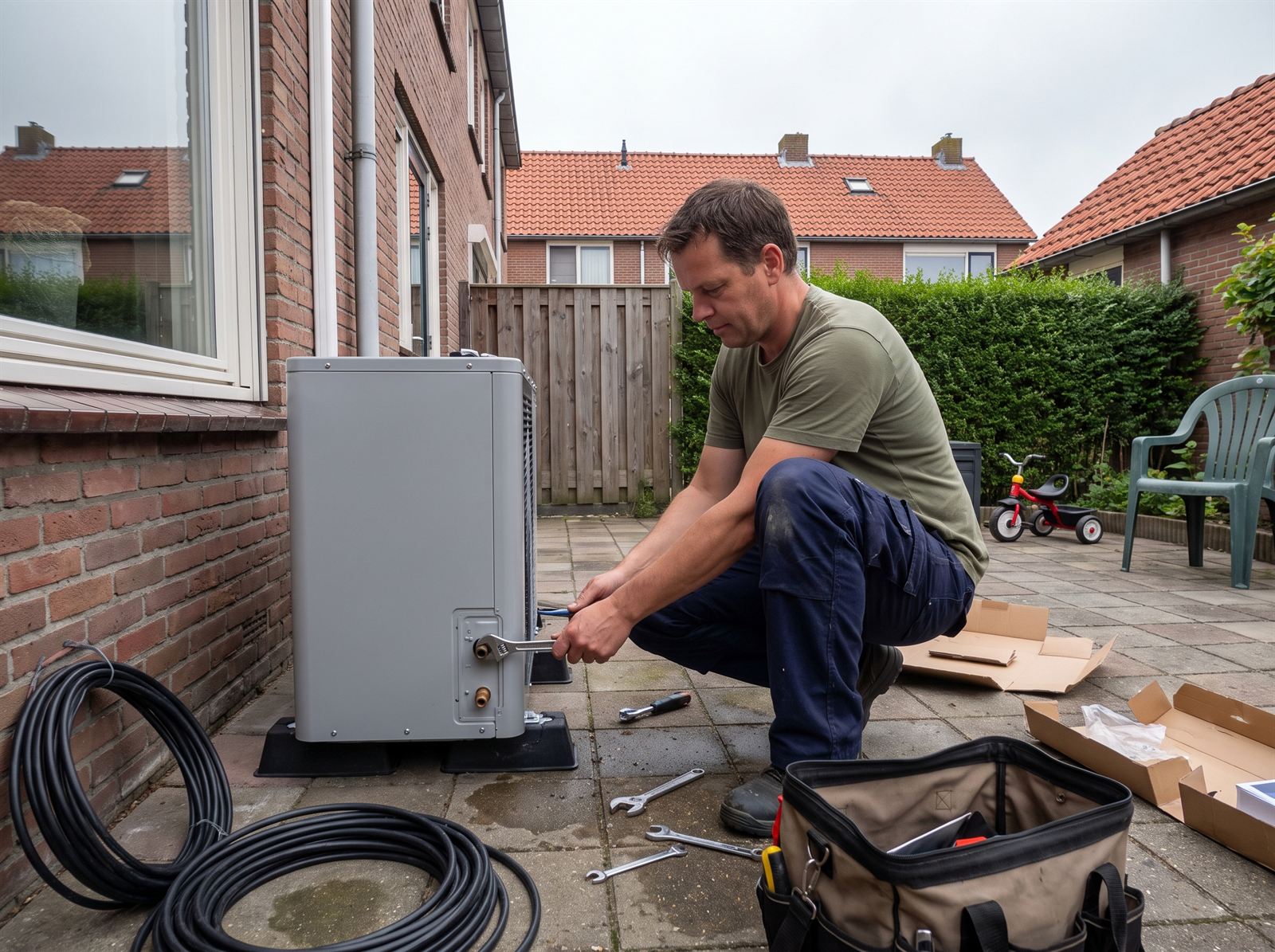 Monteur sluit een warmtepomp-buitenunit aan in een achtertuin