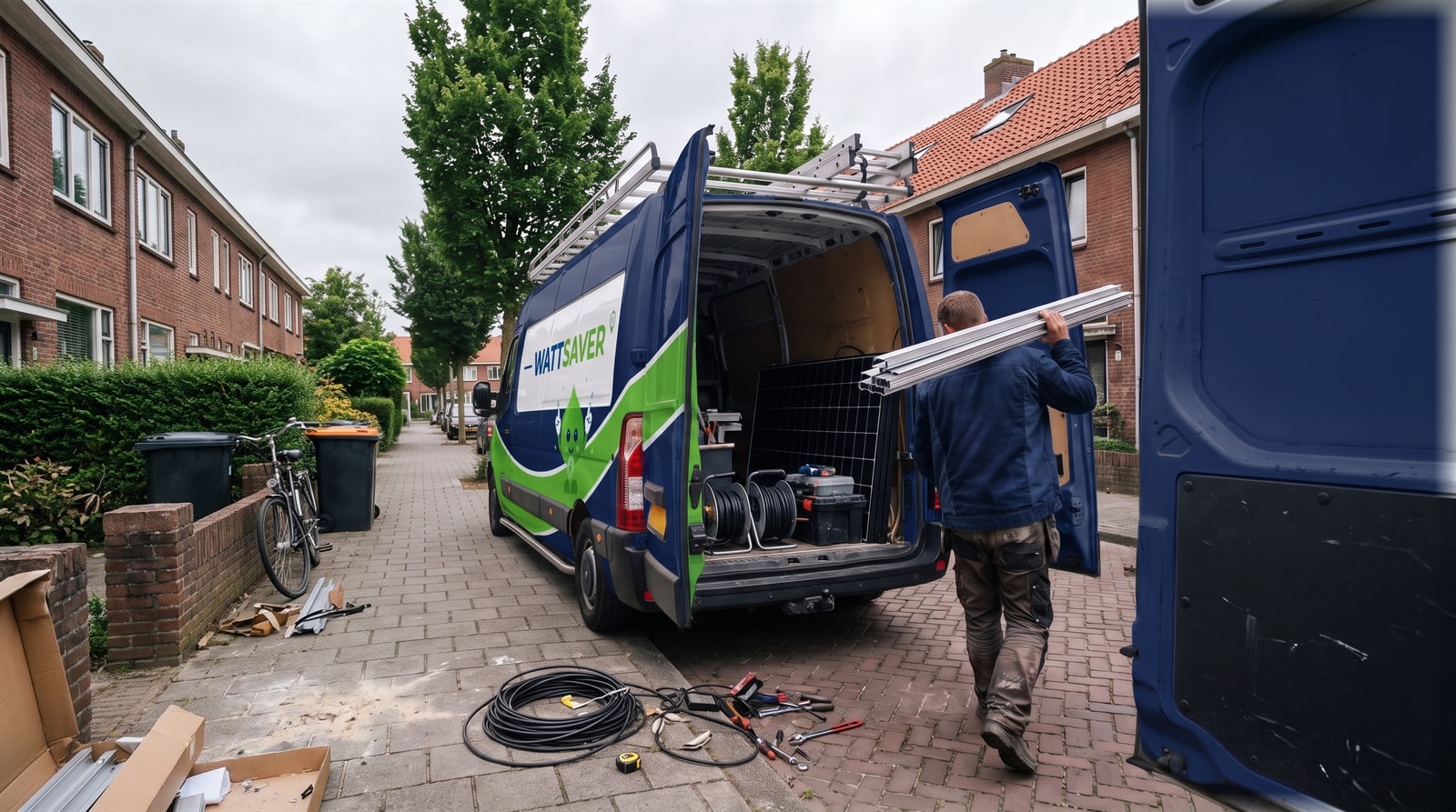 Monteur laadt materiaal uit de bus in een woonstraat